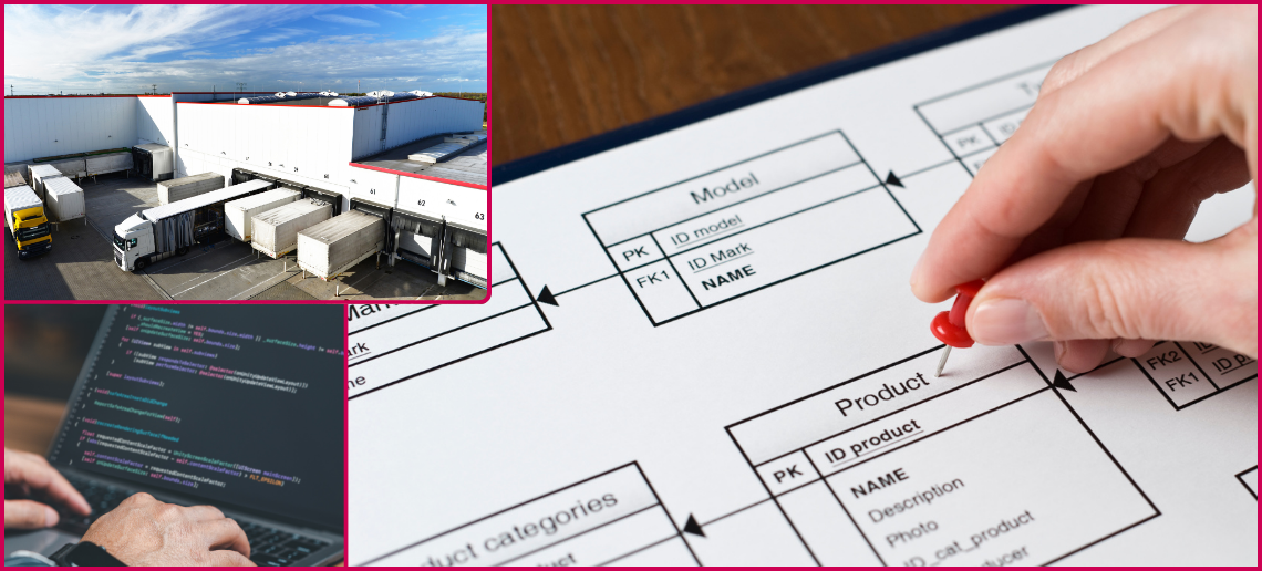 Photo collage of a warehouse with trucks, project diagram on a table and a person coding